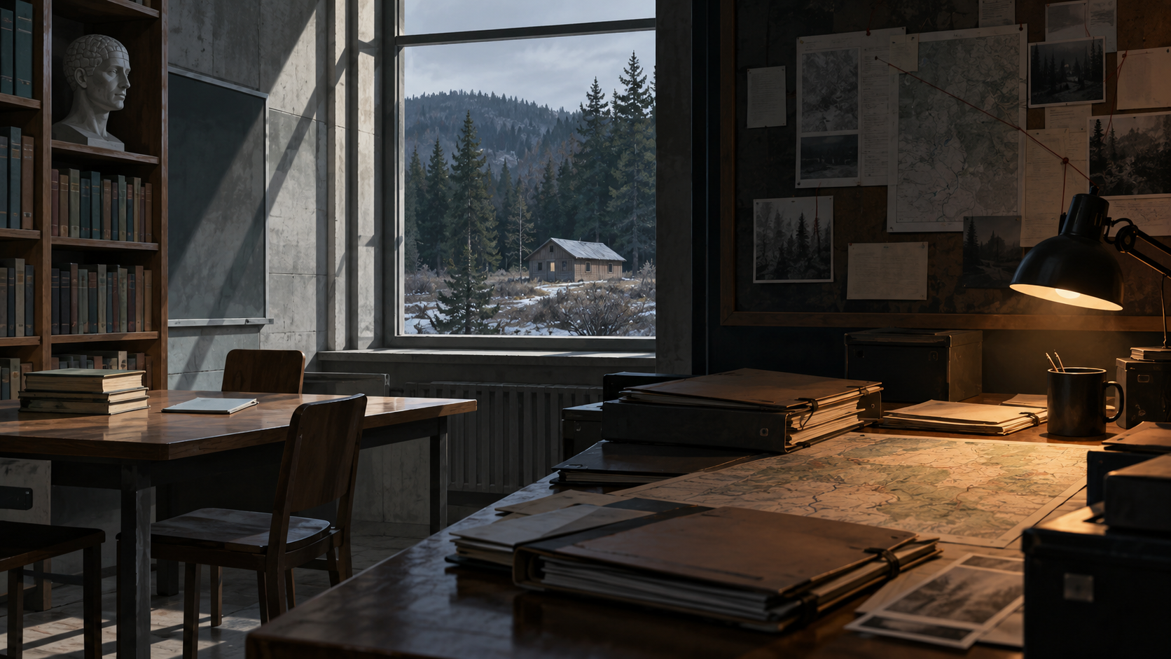 AI illustration of academic isolation and a true-crime investigative desk
