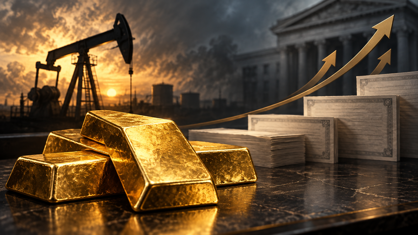 AI editorial illustration: Gold Price Falls to Seven-Week Low as Oil Surge Revives Rate Hike Fears