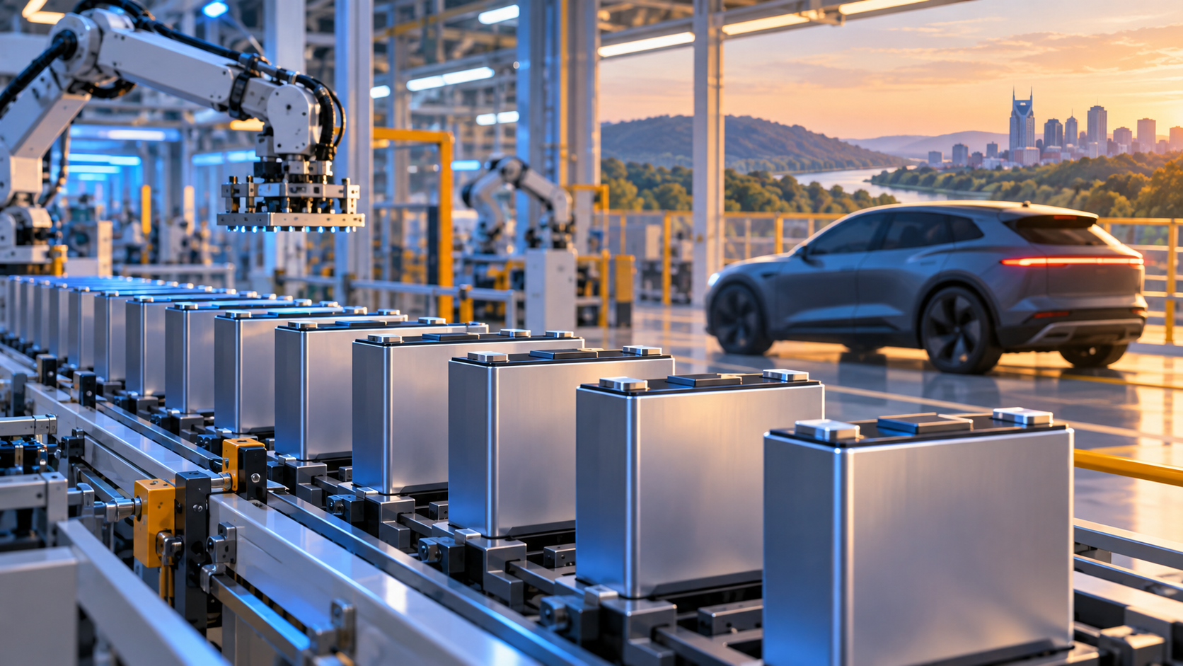 AI editorial illustration: GM and LG Bet on Lower-Cost LMR EV Batteries With Tennessee Plant Upgrade