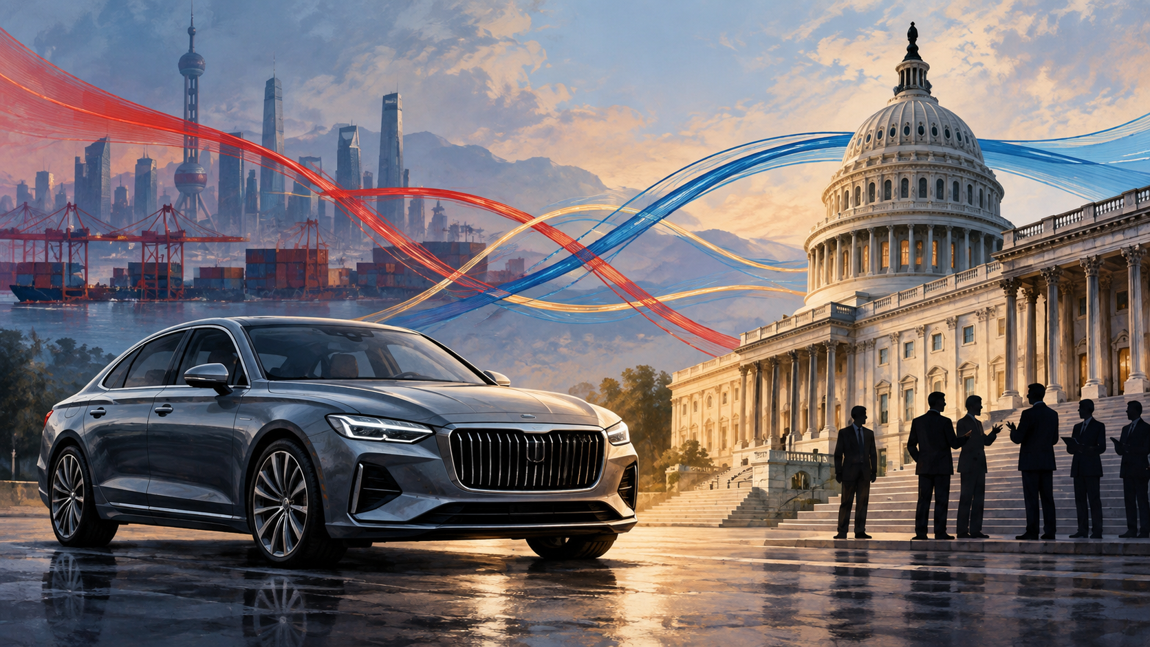 AI editorial illustration: US Chinese Vehicle Ownership Bill Could Reshape Mercedes-Benz's American Strategy