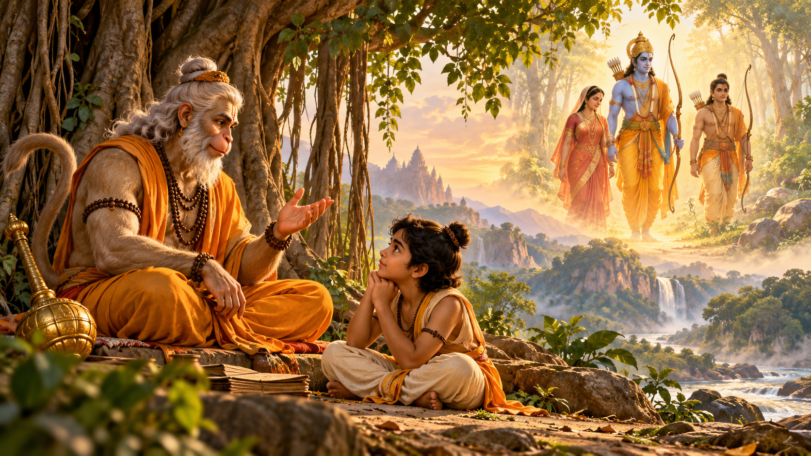 AI editorial illustration of a sage sharing the Ramayana with a child