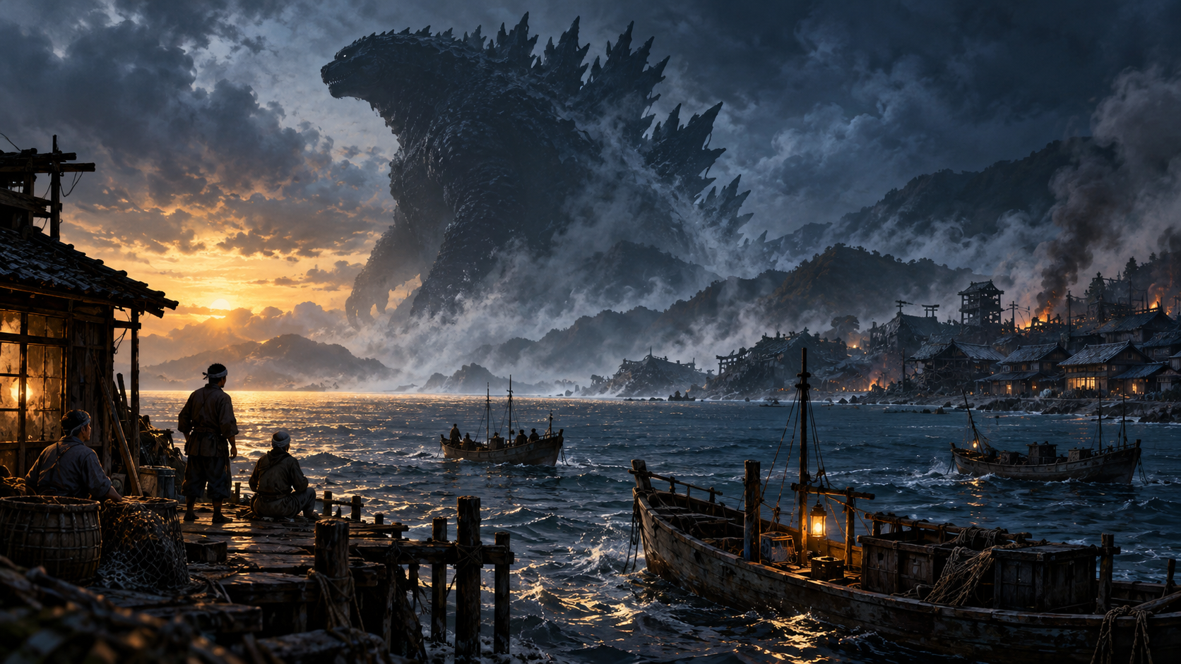 AI editorial illustration of a kaiju near a postwar Japanese coastline