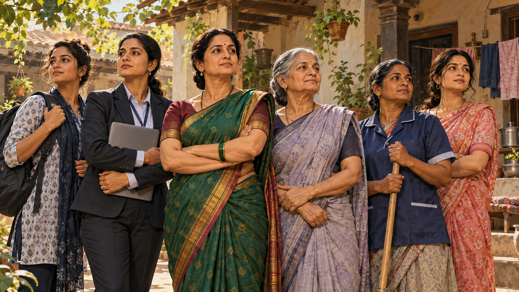 AI editorial illustration of six Indian women standing together for dignity